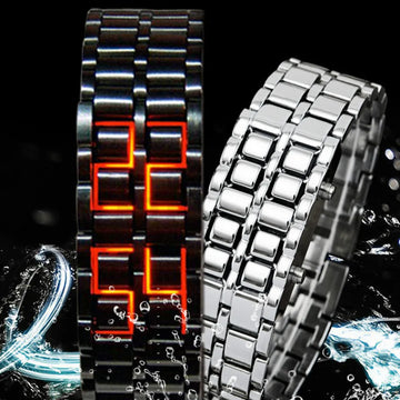 Gosasa Men's Lava Style Stainless Steel Watch - Red & Blue LED Digital Display, Black Bracelet